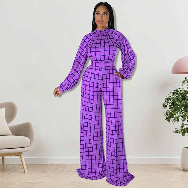 Women Fashion Casual Grid Printed Plus Size Long Sleeve Jumpsuits - Image 6