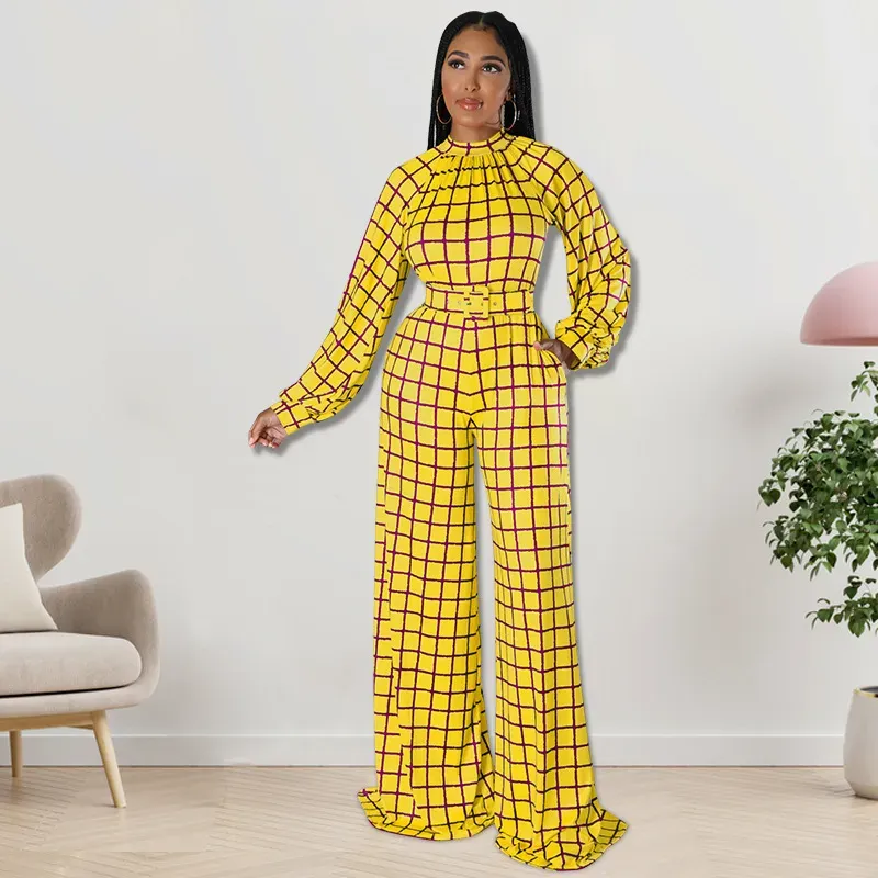 Women Fashion Casual Grid Printed Plus Size Long Sleeve Jumpsuits - Image 7