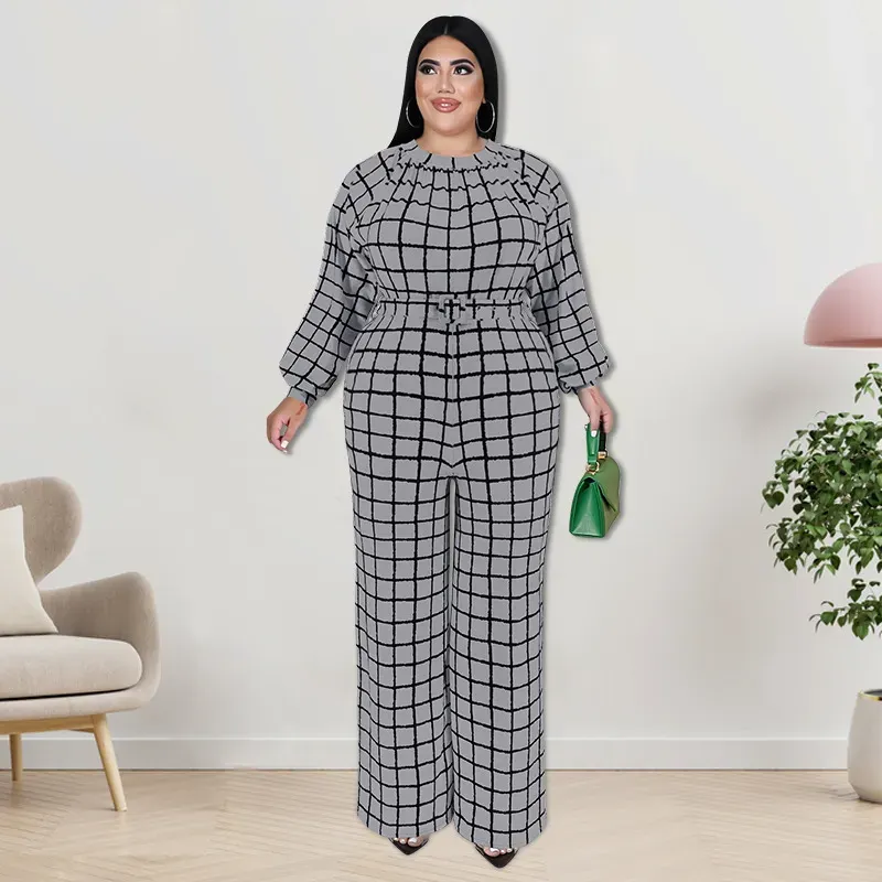 Women Fashion Casual Grid Printed Plus Size Long Sleeve Jumpsuits - Image 8
