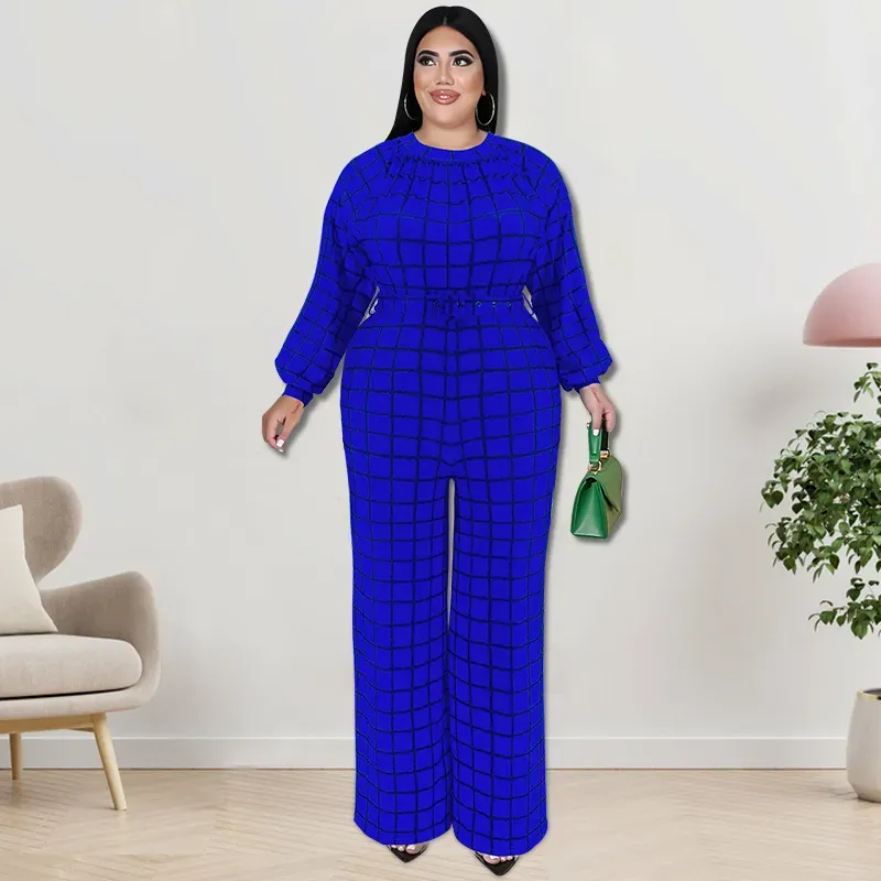 Women Fashion Casual Grid Printed Plus Size Long Sleeve Jumpsuits - Image 10