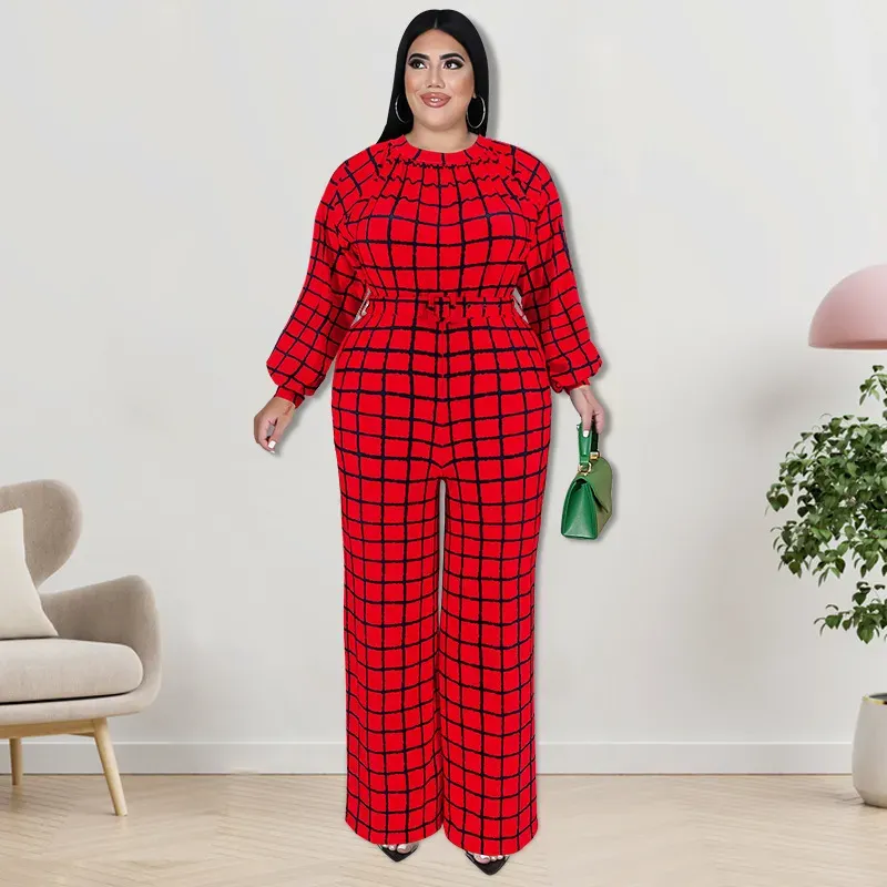 Women Fashion Casual Grid Printed Plus Size Long Sleeve Jumpsuits - Image 11