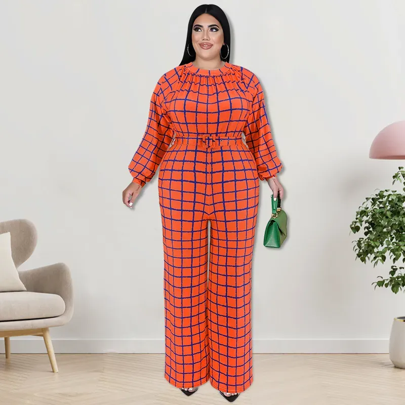 Women Fashion Casual Grid Printed Plus Size Long Sleeve Jumpsuits - Image 12