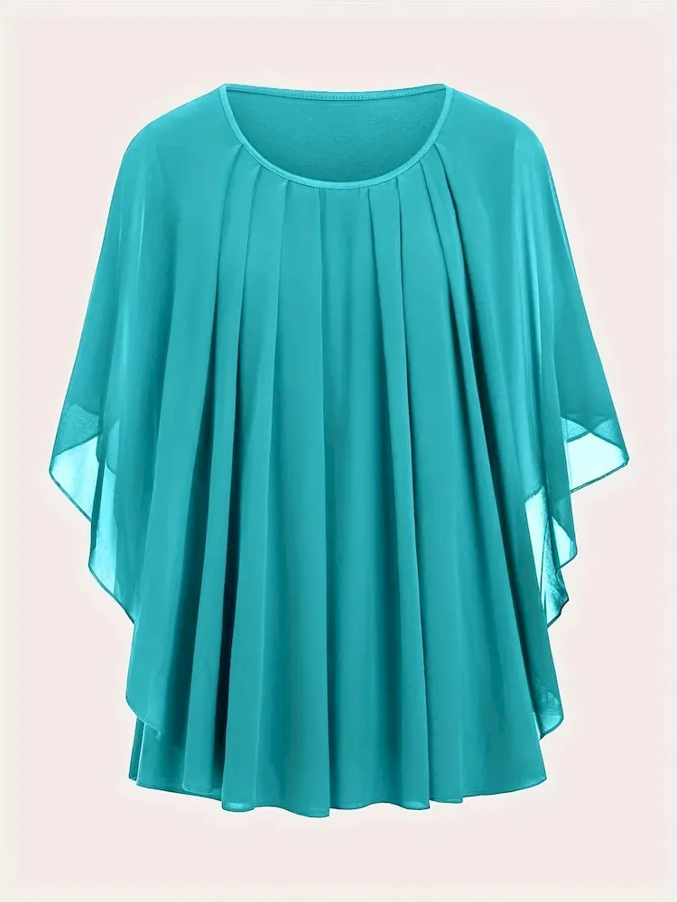 Women Fashion Casual Solid Color Plus Size Pleated Short Sleeve Loose T-Shirt - Image 3