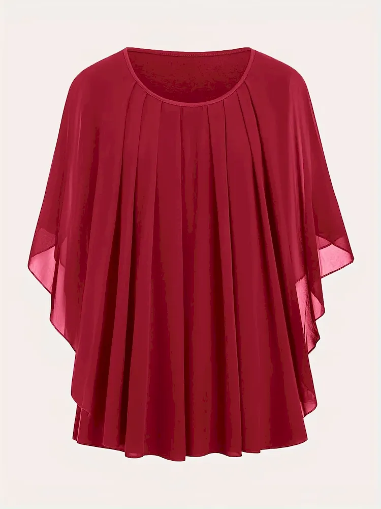 Women Fashion Casual Solid Color Plus Size Pleated Short Sleeve Loose T-Shirt - Image 5