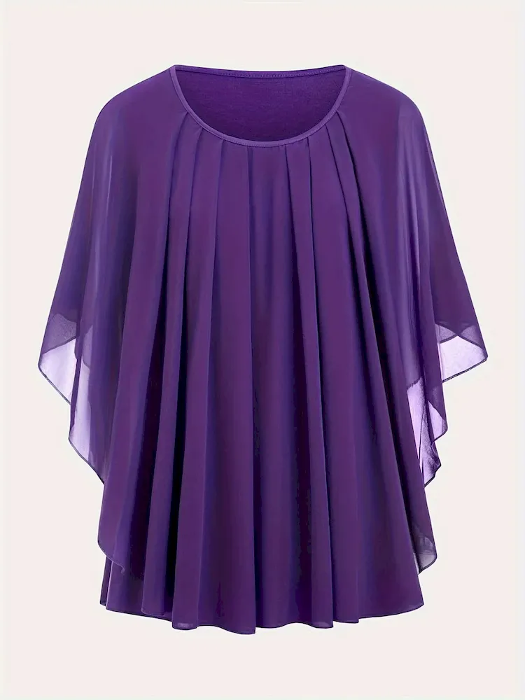 Women Fashion Casual Solid Color Plus Size Pleated Short Sleeve Loose T-Shirt - Image 6