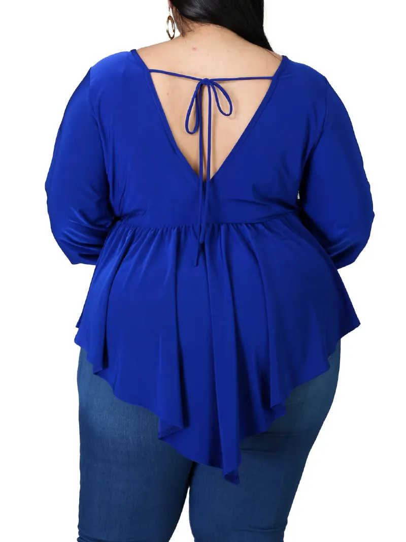 Women Fashion Casual Irregular Plus Size V-Neck Long Sleeve Pleated T-Shirt - Image 3