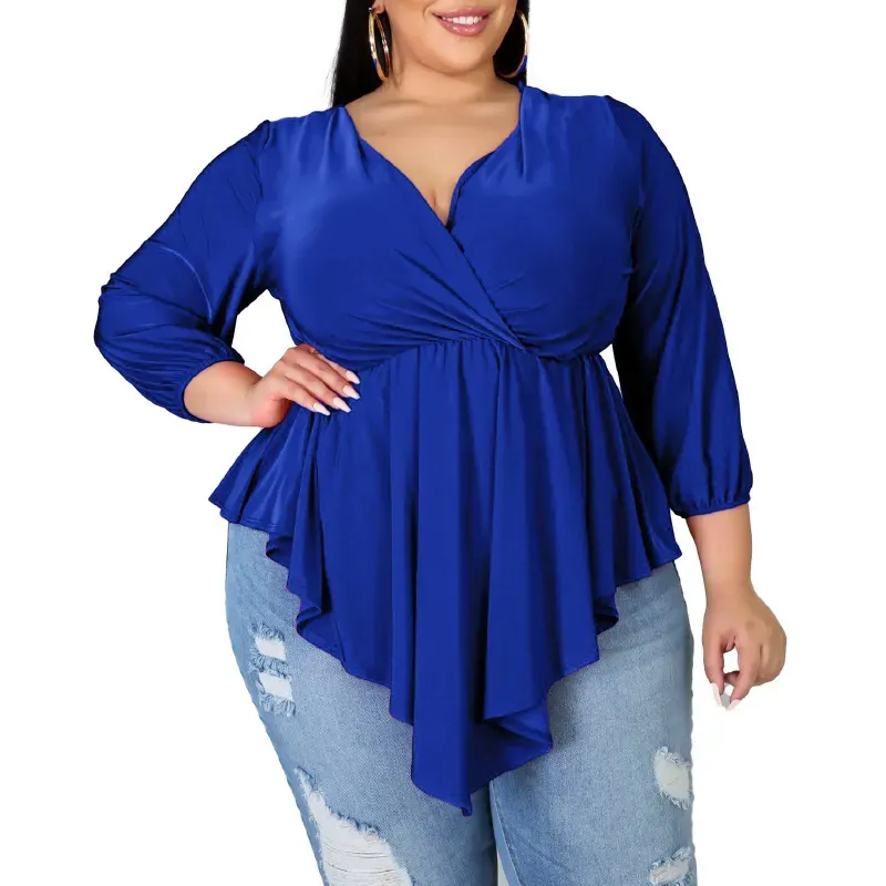 Women Fashion Casual Irregular Plus Size V-Neck Long Sleeve Pleated T-Shirt - Image 4