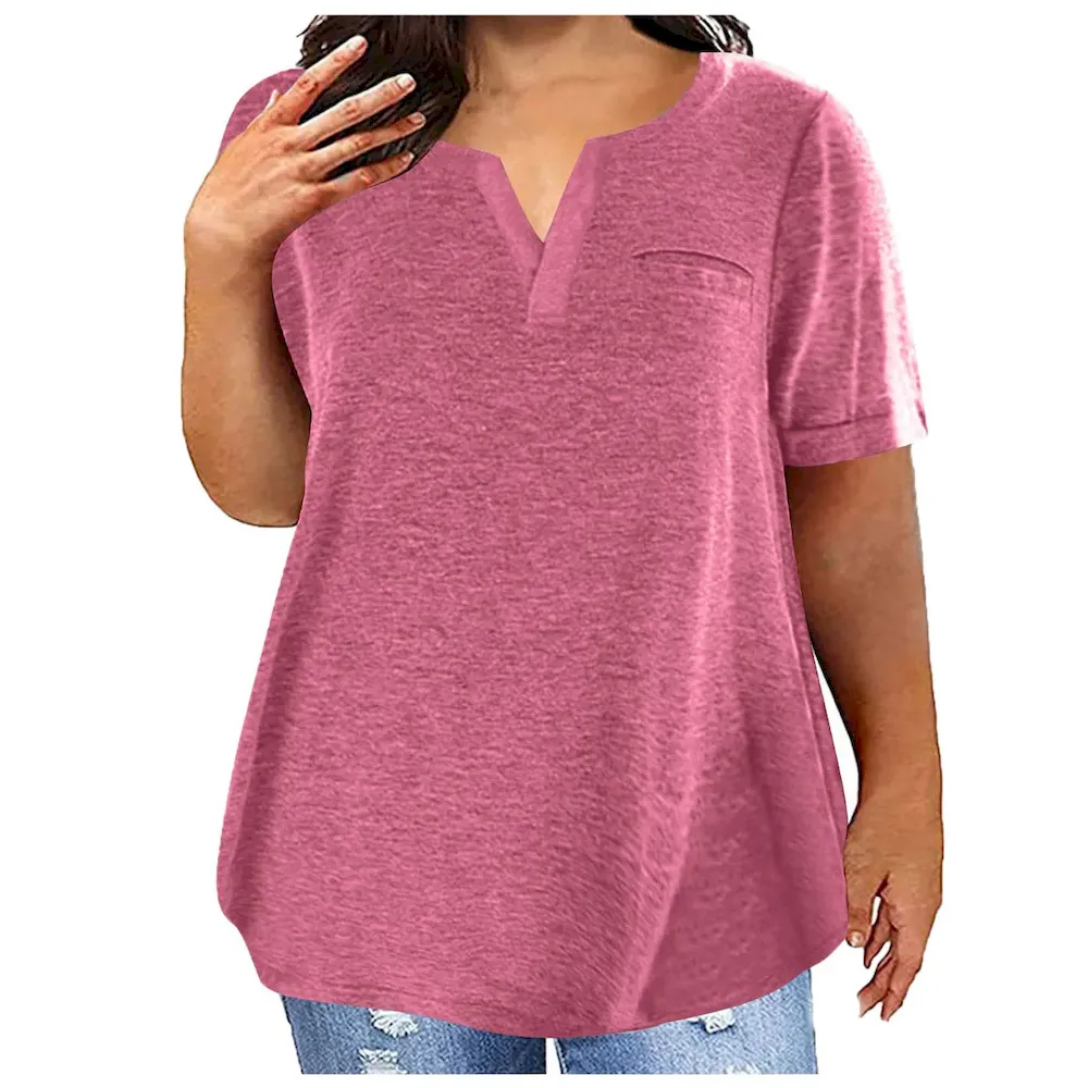 Women Fashion Casual Plus Size Solid Color V-Neck Short-Sleeve T-Shirt - Image 9