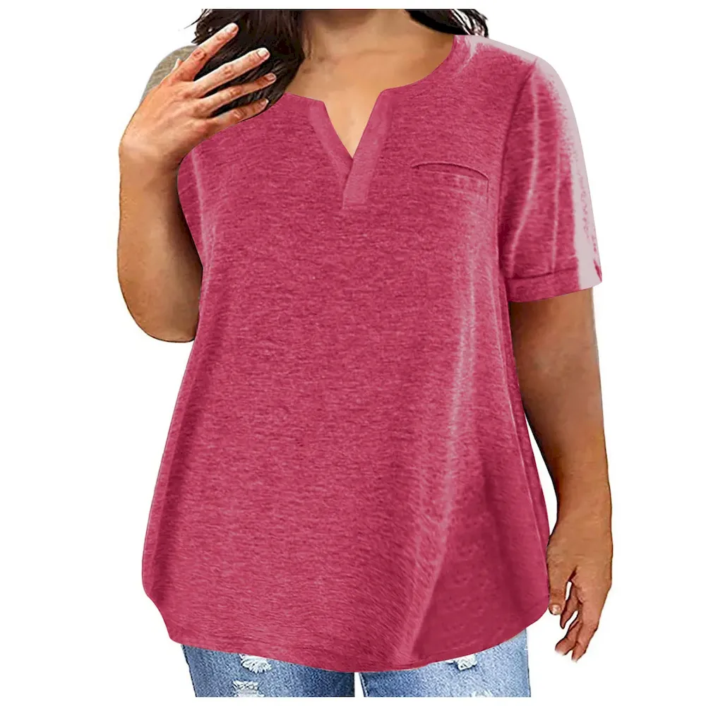 Women Fashion Casual Plus Size Solid Color V-Neck Short-Sleeve T-Shirt - Image 13