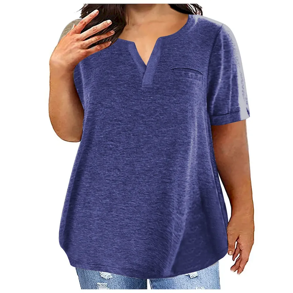 Women Fashion Casual Plus Size Solid Color V-Neck Short-Sleeve T-Shirt - Image 19