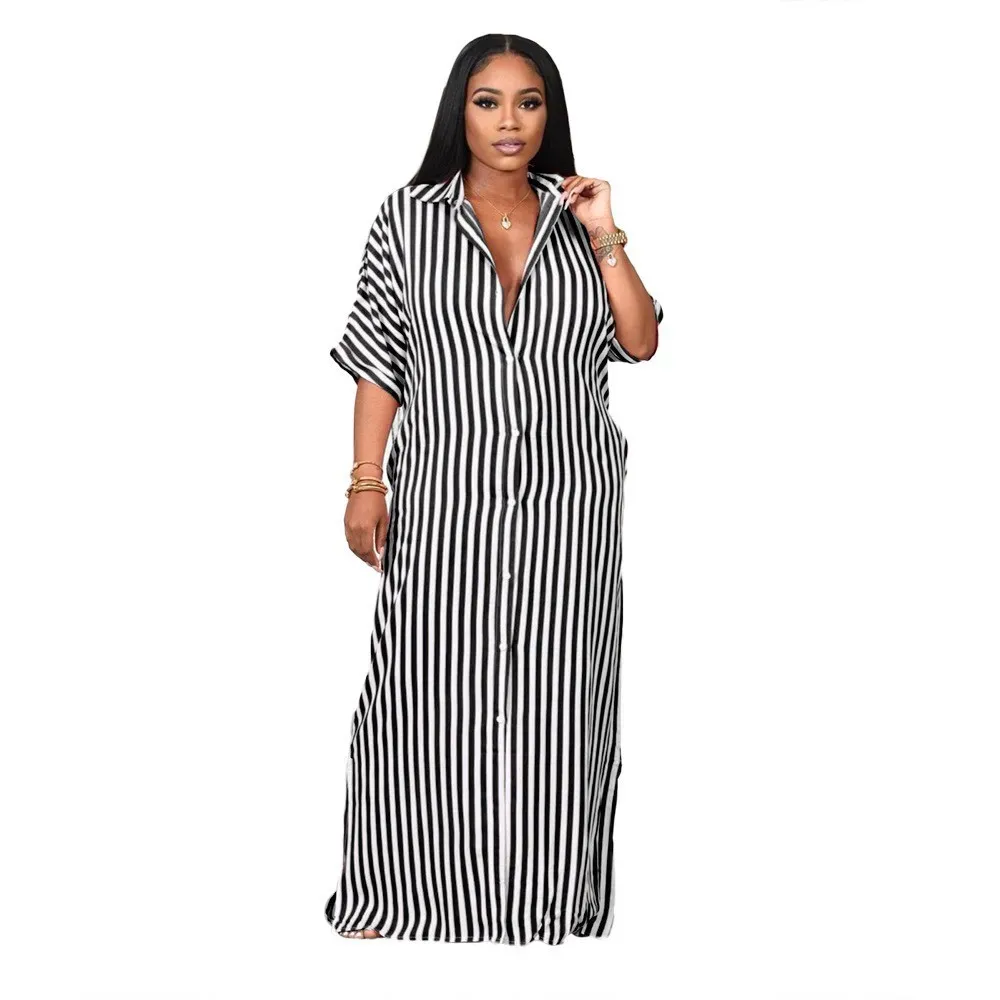 Women Fashion Causal Plus Size Stripe Lapel Short-Sleeve Single Breasted Loose Dress - Image 3