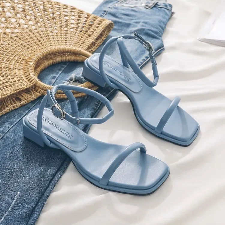 Women Summer Vacation Beach Ankle Strap Buckle Square Low Heel Sandals