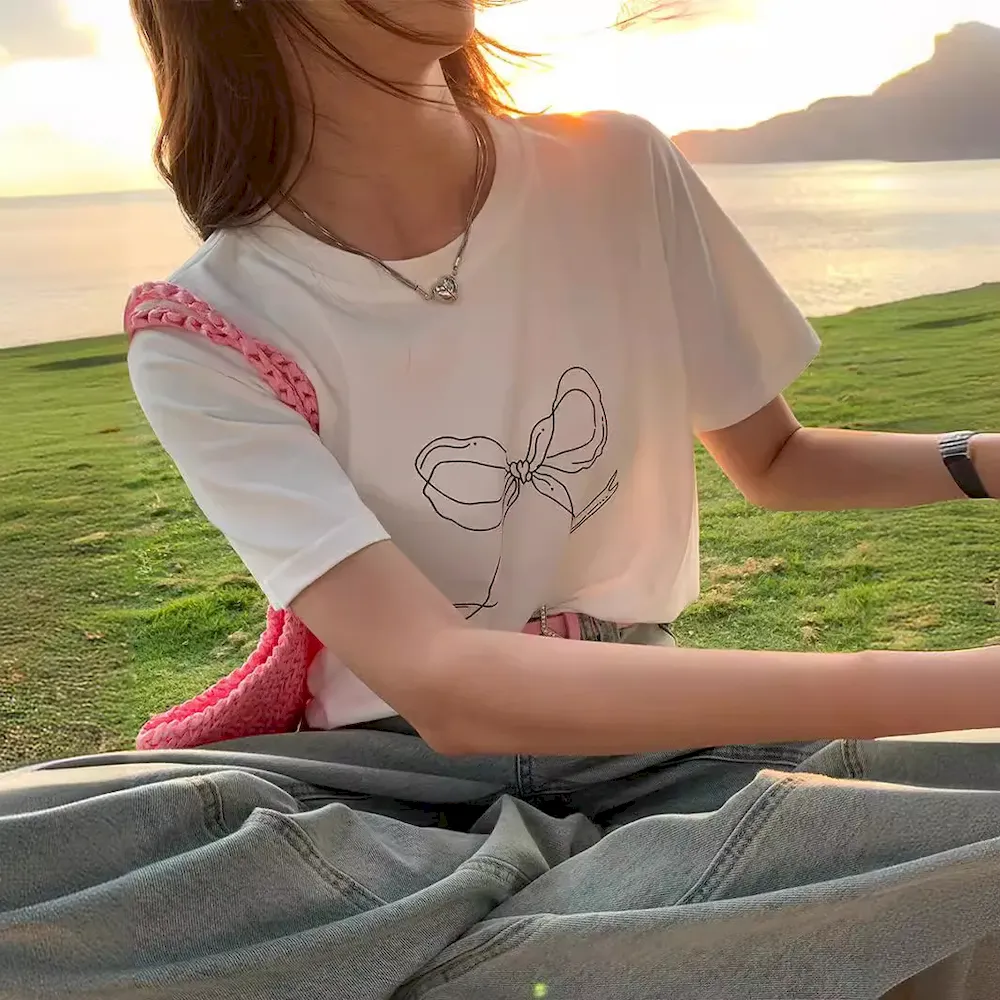 Women Fashion Casual Bowknot Printed Short-Sleeve Loose T-Shirt - Image 4