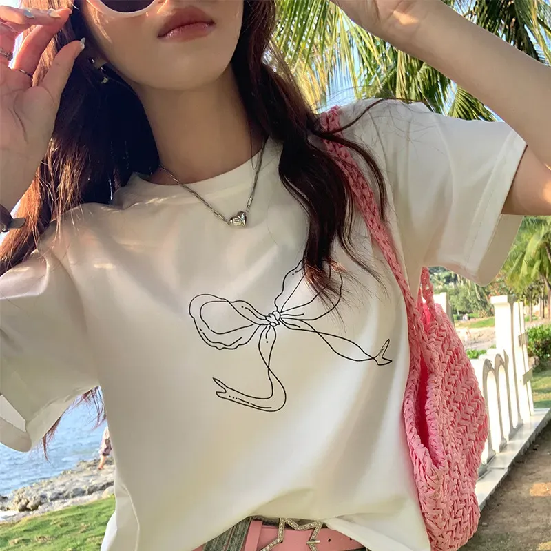 Women Fashion Casual Bowknot Printed Short-Sleeve Loose T-Shirt - Image 5