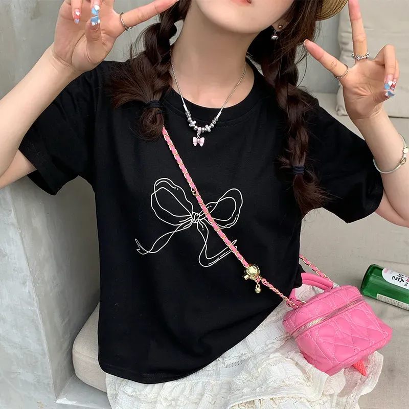 Women Fashion Casual Bowknot Printed Short-Sleeve Loose T-Shirt - Image 6