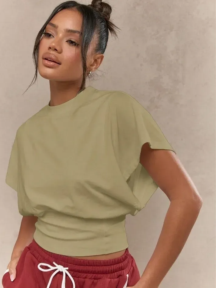 Women Fashion Casual Solid Color Short-Sleeve Tight Waist T-Shirt - Image 4