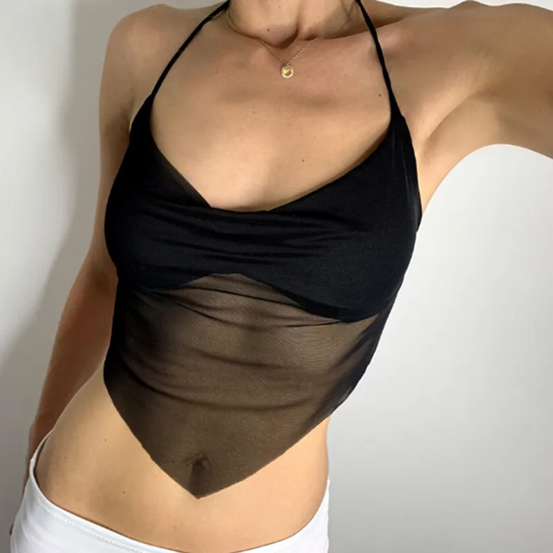 Women Fashion Sexy Pleated Mesh Perspective Halter-Neck Backless Lace-Up Camisole