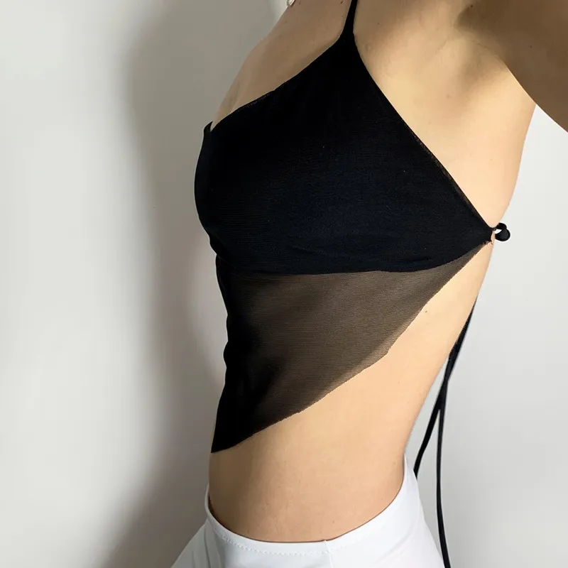 Women Fashion Sexy Pleated Mesh Perspective Halter-Neck Backless Lace-Up Camisole - Image 3