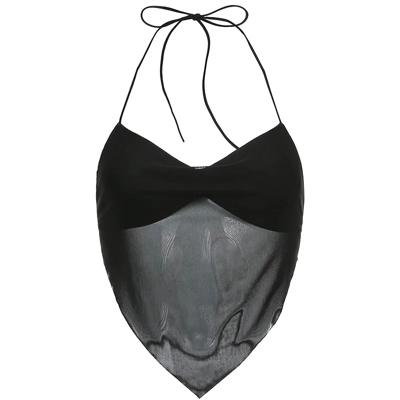 Women Fashion Sexy Pleated Mesh Perspective Halter-Neck Backless Lace-Up Camisole - Image 4
