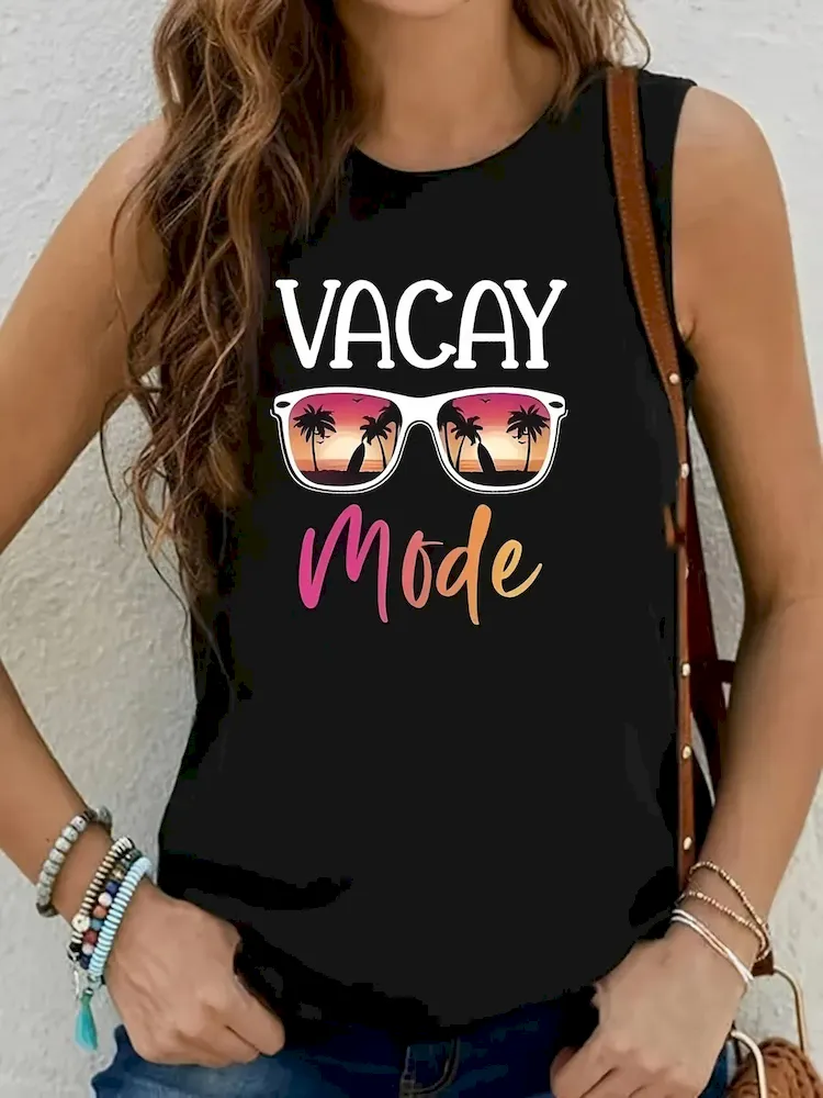 Women Fashion Casual Printed Round Neck Sleeveless Tank Top - Image 4