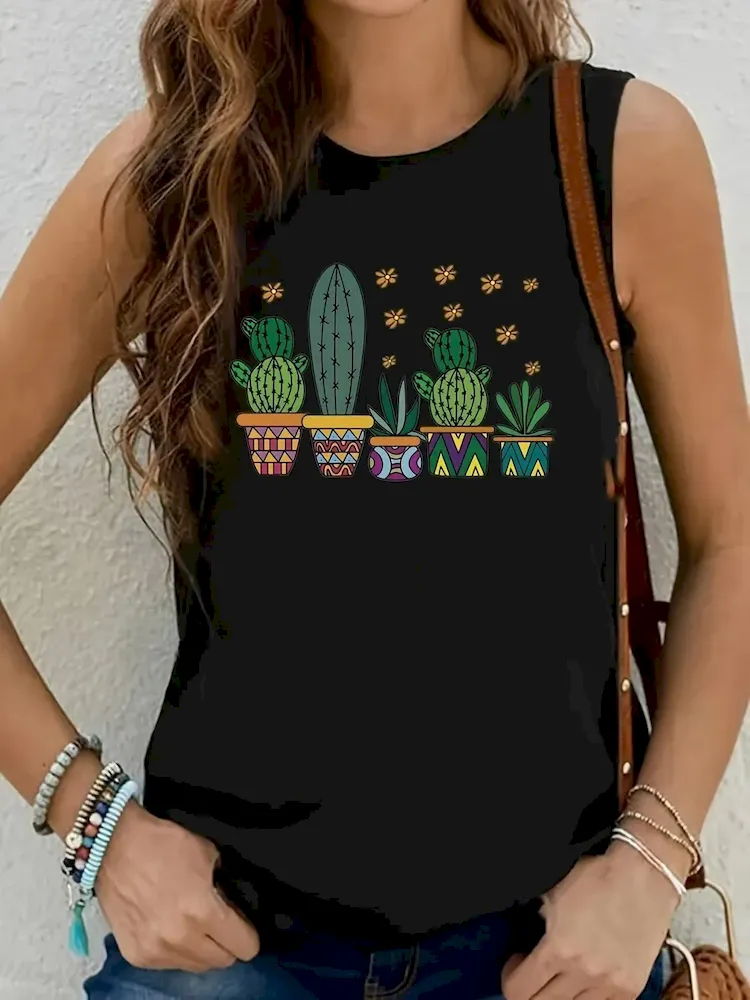 Women Fashion Casual Printed Round Neck Sleeveless Tank Top - Image 8
