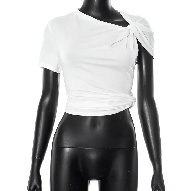 Women Fashion Sexy Solid Color Pleated Irregular Short-Sleeve Crop Top - Image 5