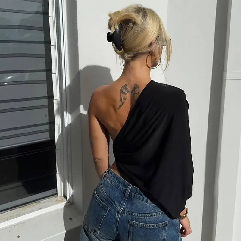 Women Fashion Sexy Solid Color Irregular Pleated Slanted Shoulder Long-Sleeve Backless T-Shirt - Image 4