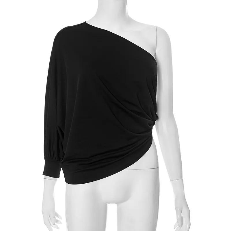 Women Fashion Sexy Solid Color Irregular Pleated Slanted Shoulder Long-Sleeve Backless T-Shirt - Image 5