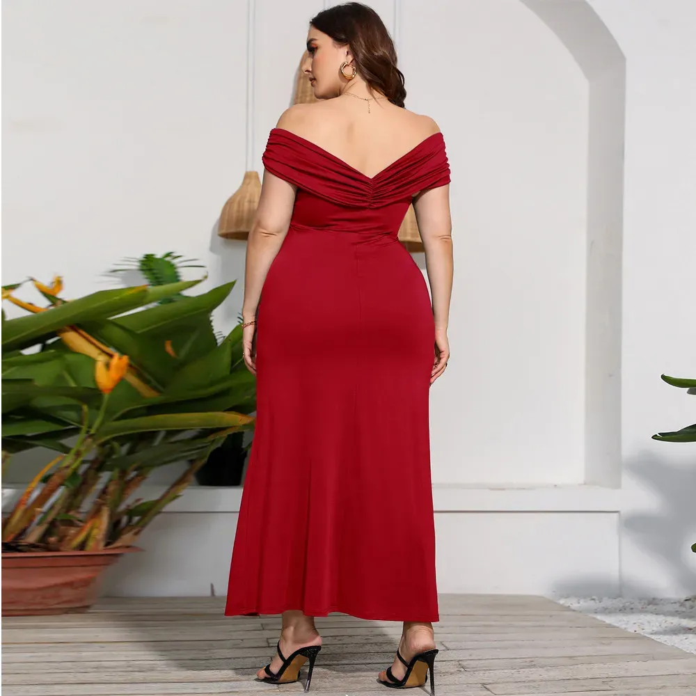 Women Fashion Sexy Solid Color Plus Size Off-The-Shoulder Split Dress - Image 3