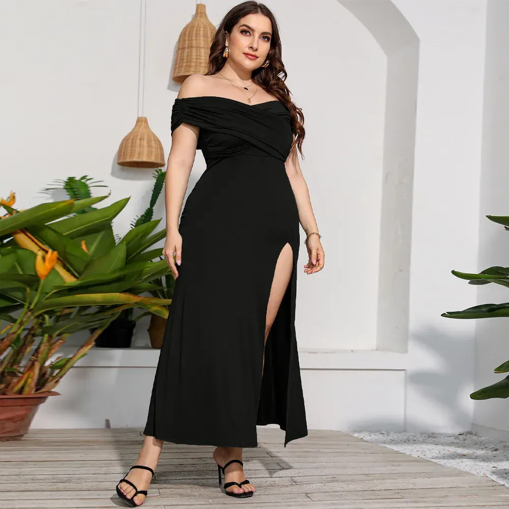 Women Fashion Sexy Solid Color Plus Size Off-The-Shoulder Split Dress - Image 5