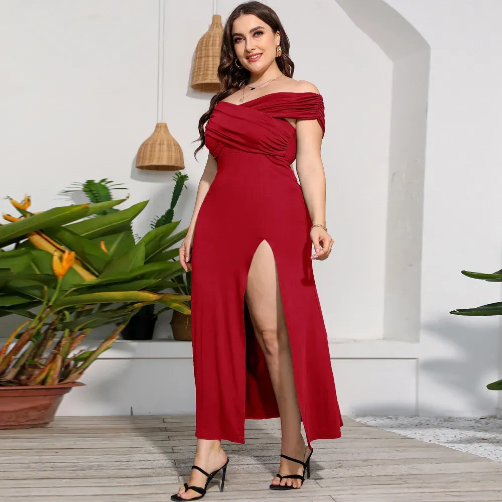 Women Fashion Sexy Solid Color Plus Size Off-The-Shoulder Split Dress - Image 6