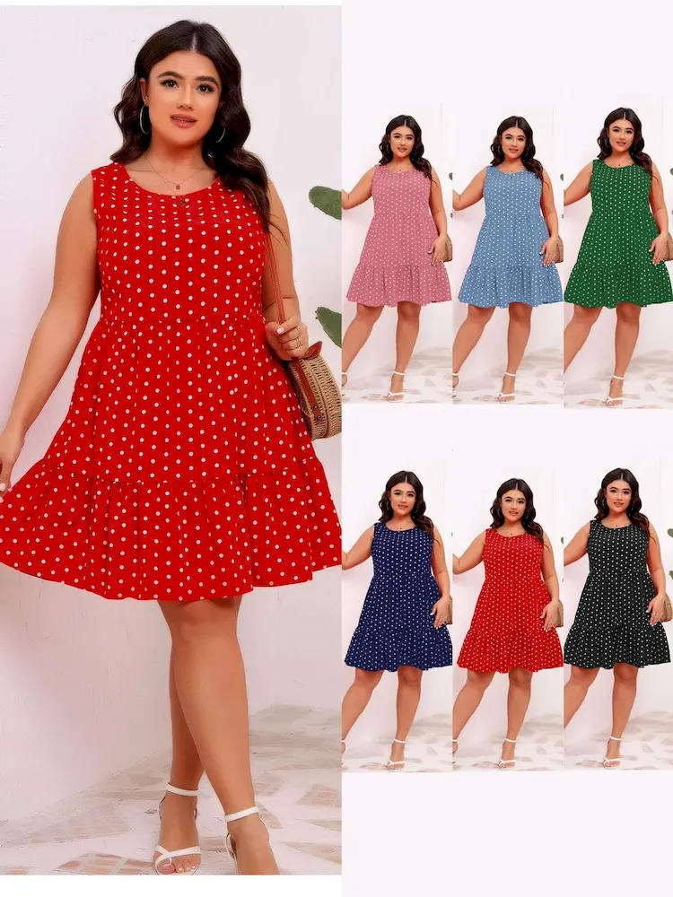 Women Casual Plus Size Dot Print Round Neck Sleeveless Loose Dress - Image 5