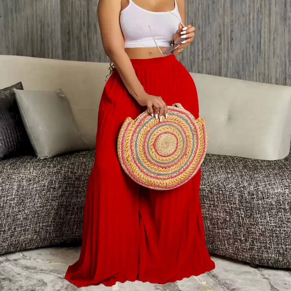 Women Fashion Casual Solid Color Pleated High Waist Wide Leg Pants - Image 4