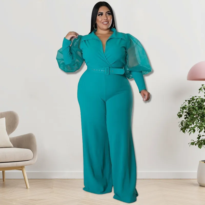 Plus Size Women Color Contrast Collar Jumpsuits - Image 3