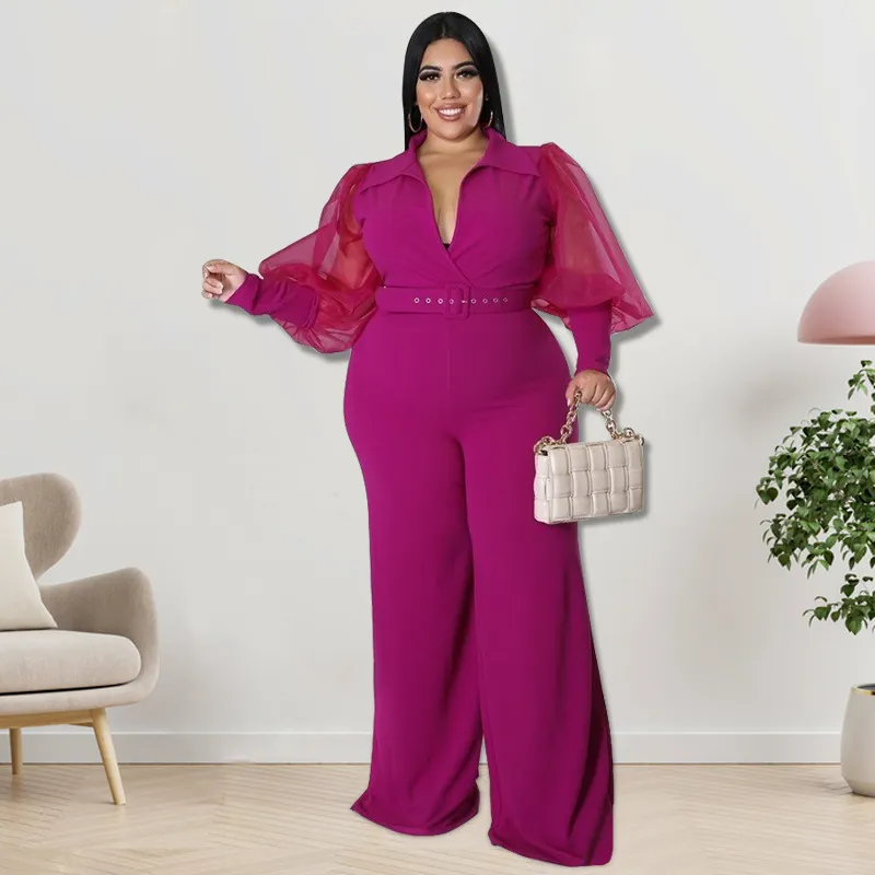 Plus Size Women Color Contrast Collar Jumpsuits - Image 4