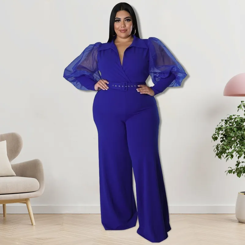 Plus Size Women Color Contrast Collar Jumpsuits - Image 9