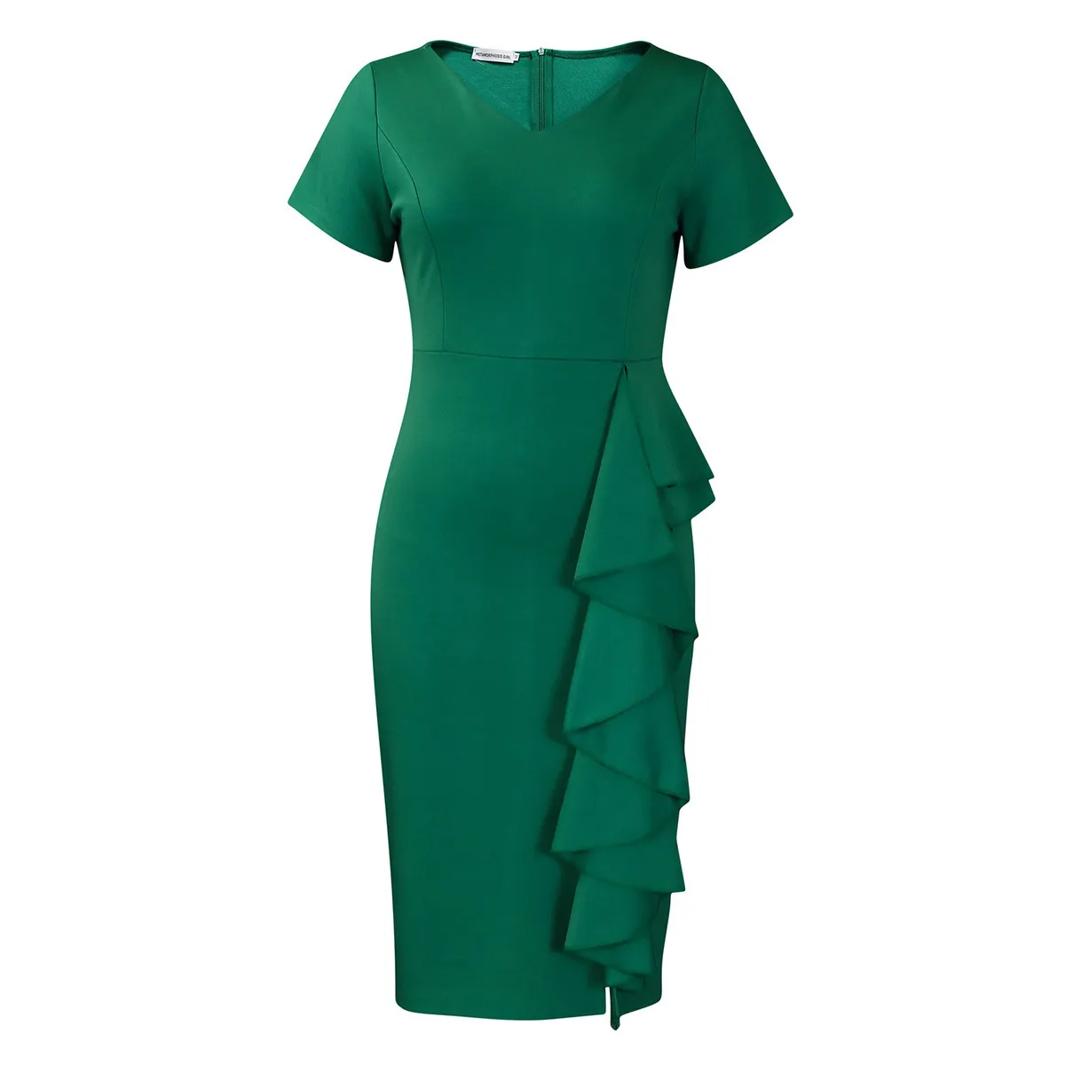 Women Fashion Elegant Plus Size Ruffled Solid Color Short-Sleeve High Waist Dress - Image 4