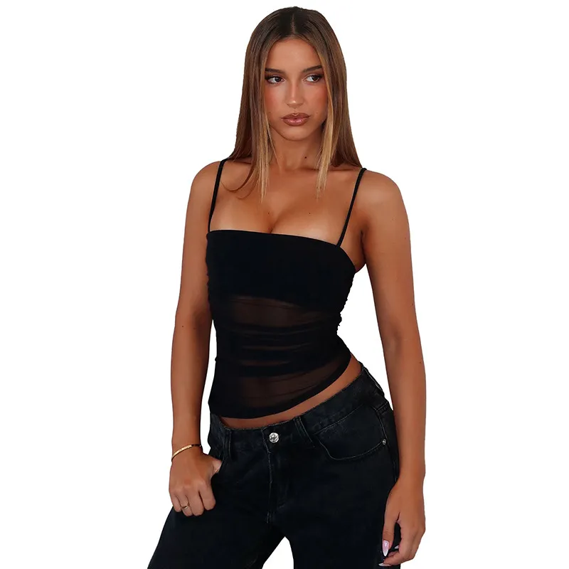 Women Summer Solid Color Mesh Pleated Slim-Fit Camis - Image 5