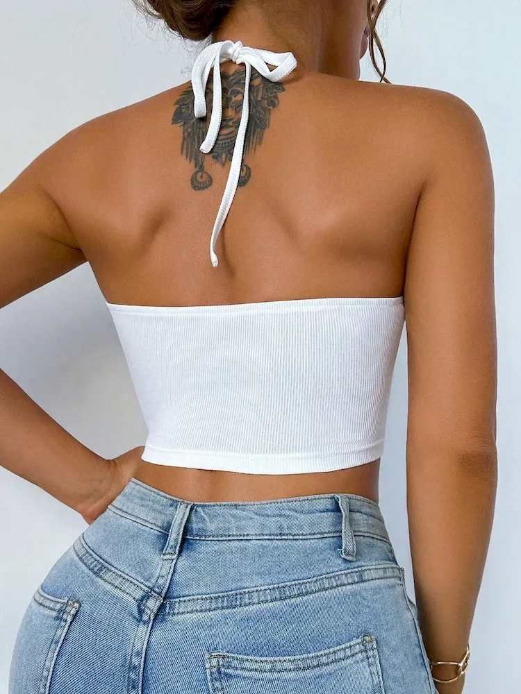 Women Fashion Sexy Solid Color Hollow-Out Crop Top - Image 3