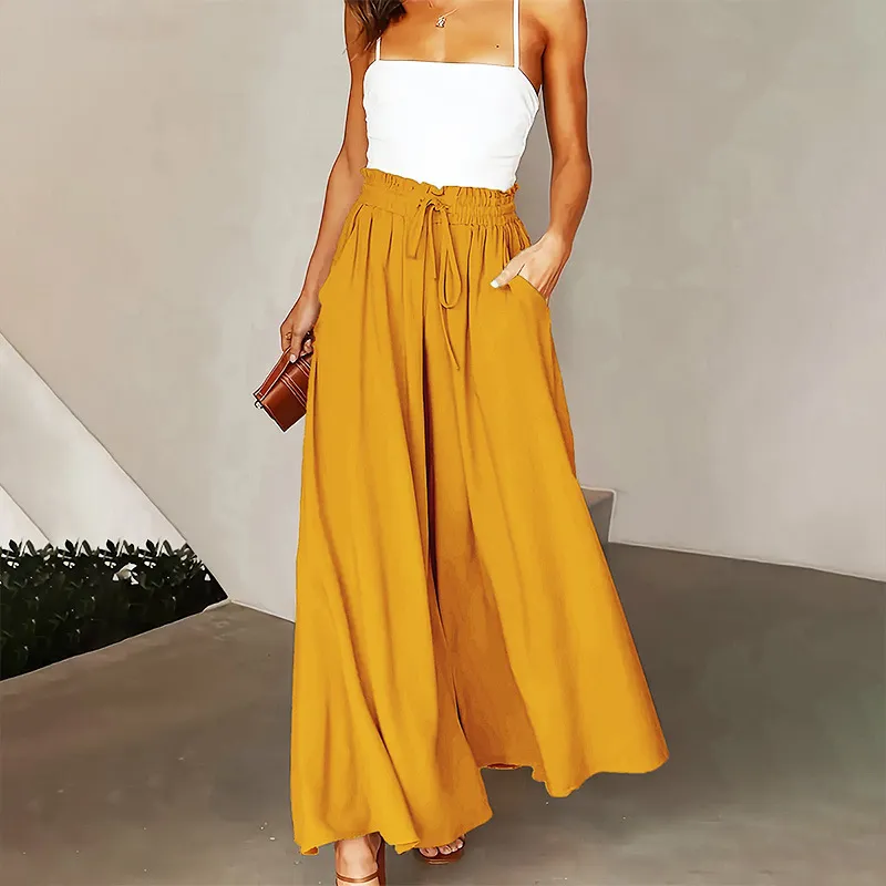 Women Casual Solid Color High Waist Wide Leg Pants - Image 4