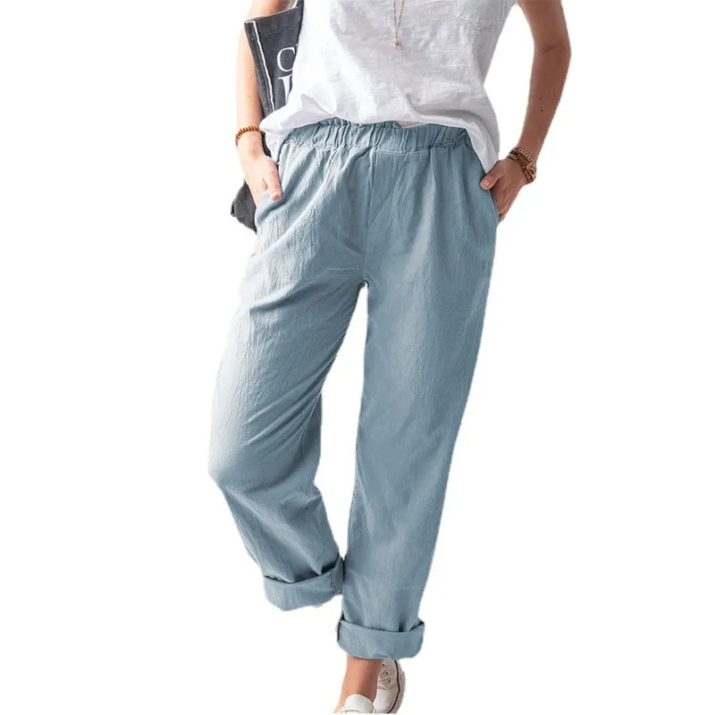 Women Casual Solid Color Cotton And Linen High Waist Pants - Image 5