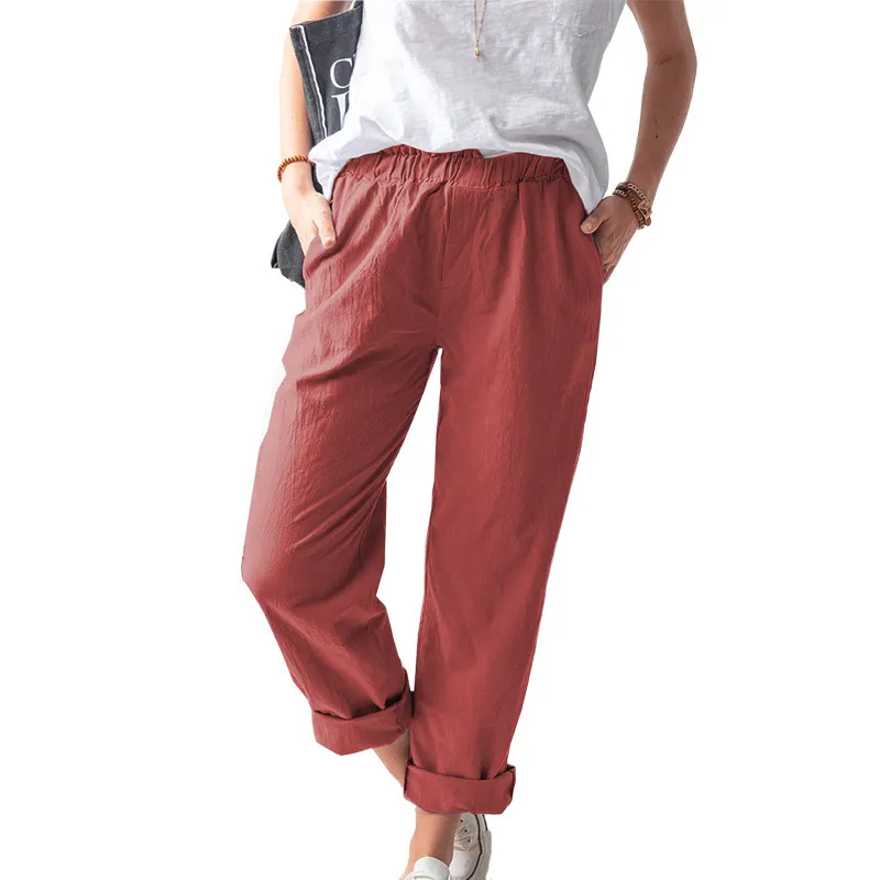 Women Casual Solid Color Cotton And Linen High Waist Pants - Image 6
