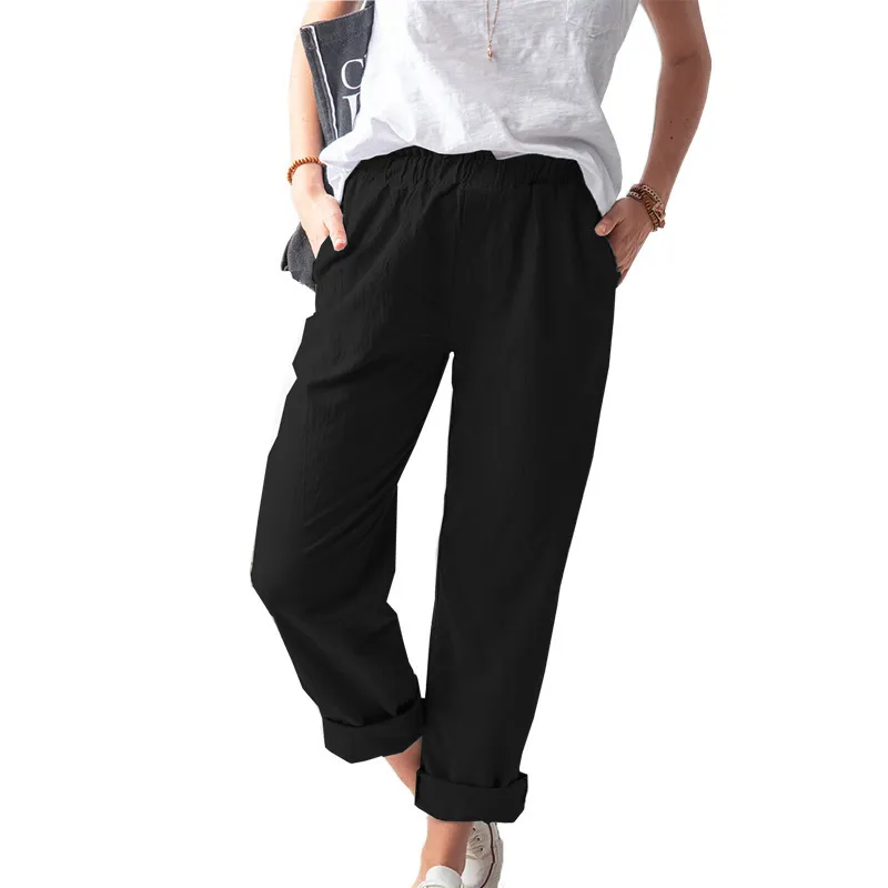 Women Casual Solid Color Cotton And Linen High Waist Pants - Image 8