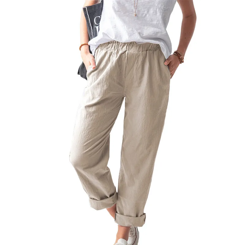 Women Casual Solid Color Cotton And Linen High Waist Pants - Image 10