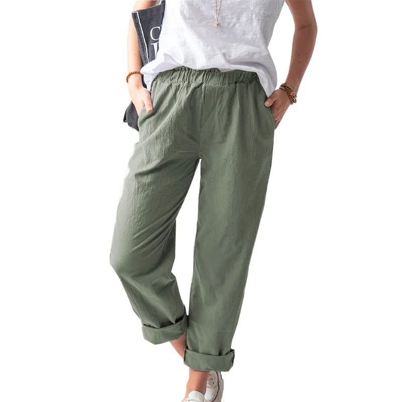 Women Casual Solid Color Cotton And Linen High Waist Pants - Image 11