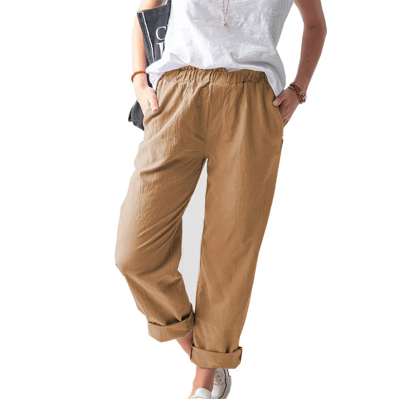 Women Casual Solid Color Cotton And Linen High Waist Pants - Image 12