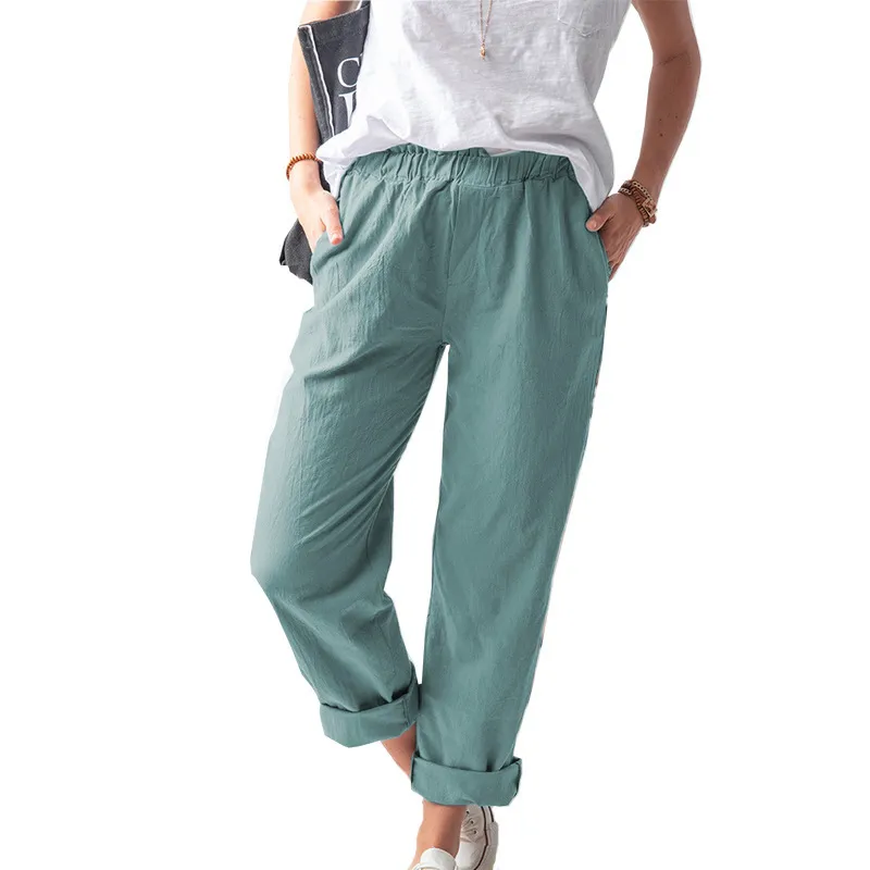 Women Casual Solid Color Cotton And Linen High Waist Pants - Image 13