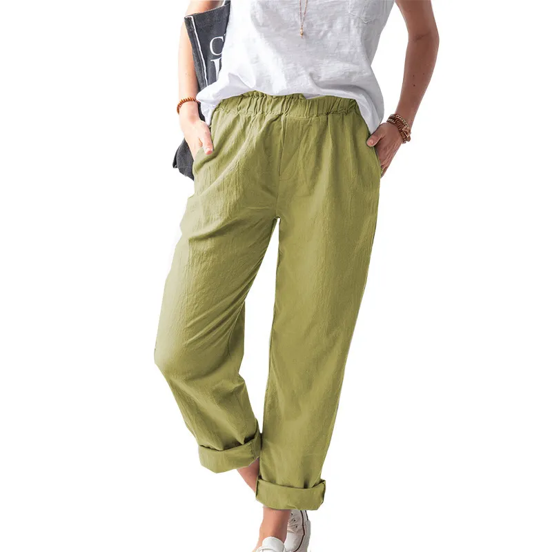 Women Casual Solid Color Cotton And Linen High Waist Pants - Image 14
