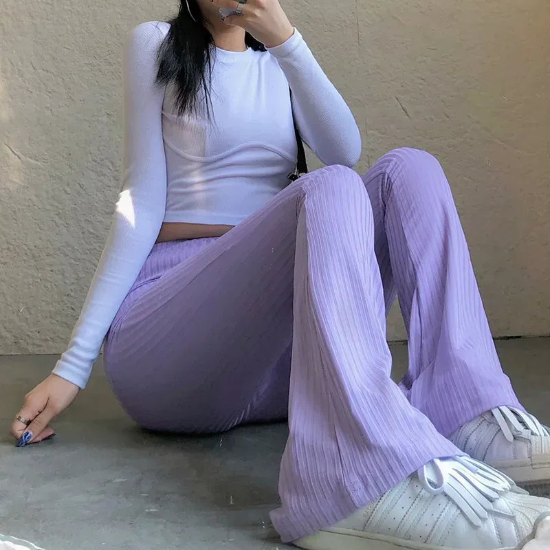Women Fashion Solid Color Tight High Waist Micro Flared Pants - Image 3