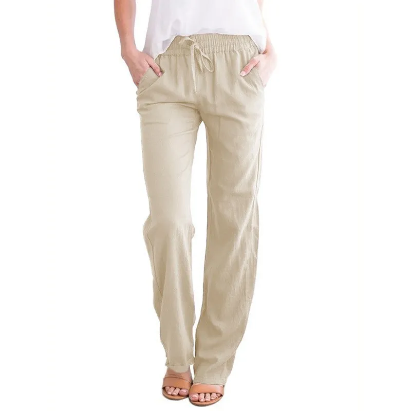 Women Casual Solid Color Cotton And Linen Drawstring Loose Wide-Leg Pants - Image 4